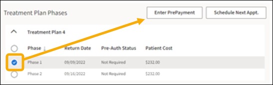 Treatment Plan Phases with a yellow highlight box around the radio button with a yellow arrow going from it to the Enter PrePayment button.